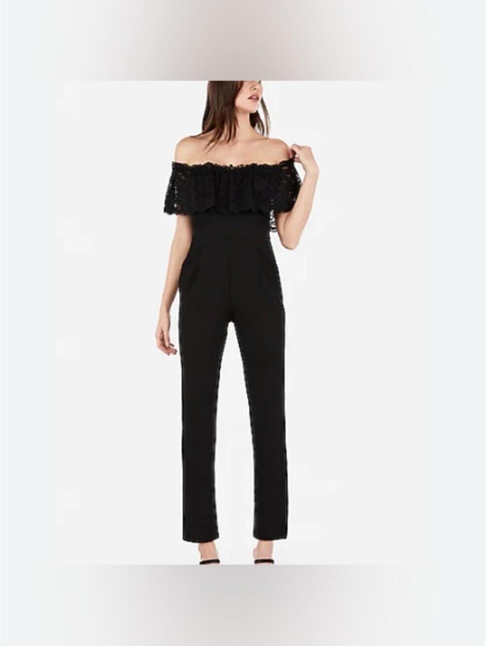 Express Black Off-Shoulder Lace Ruffle Jumpsuit